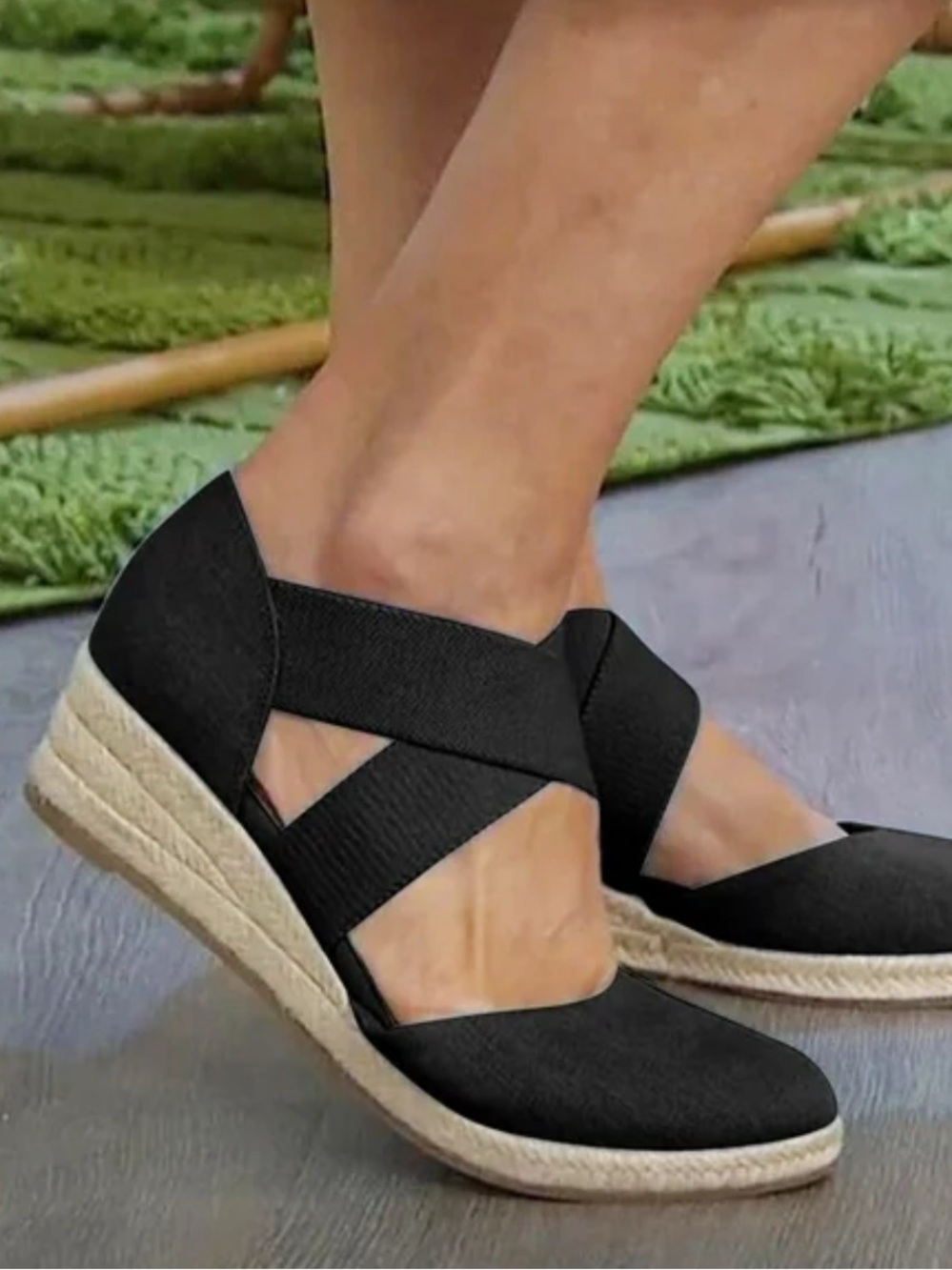 Life Stride Black Espadrille Wedge Loafer with Cross Straps SZ 10M Black